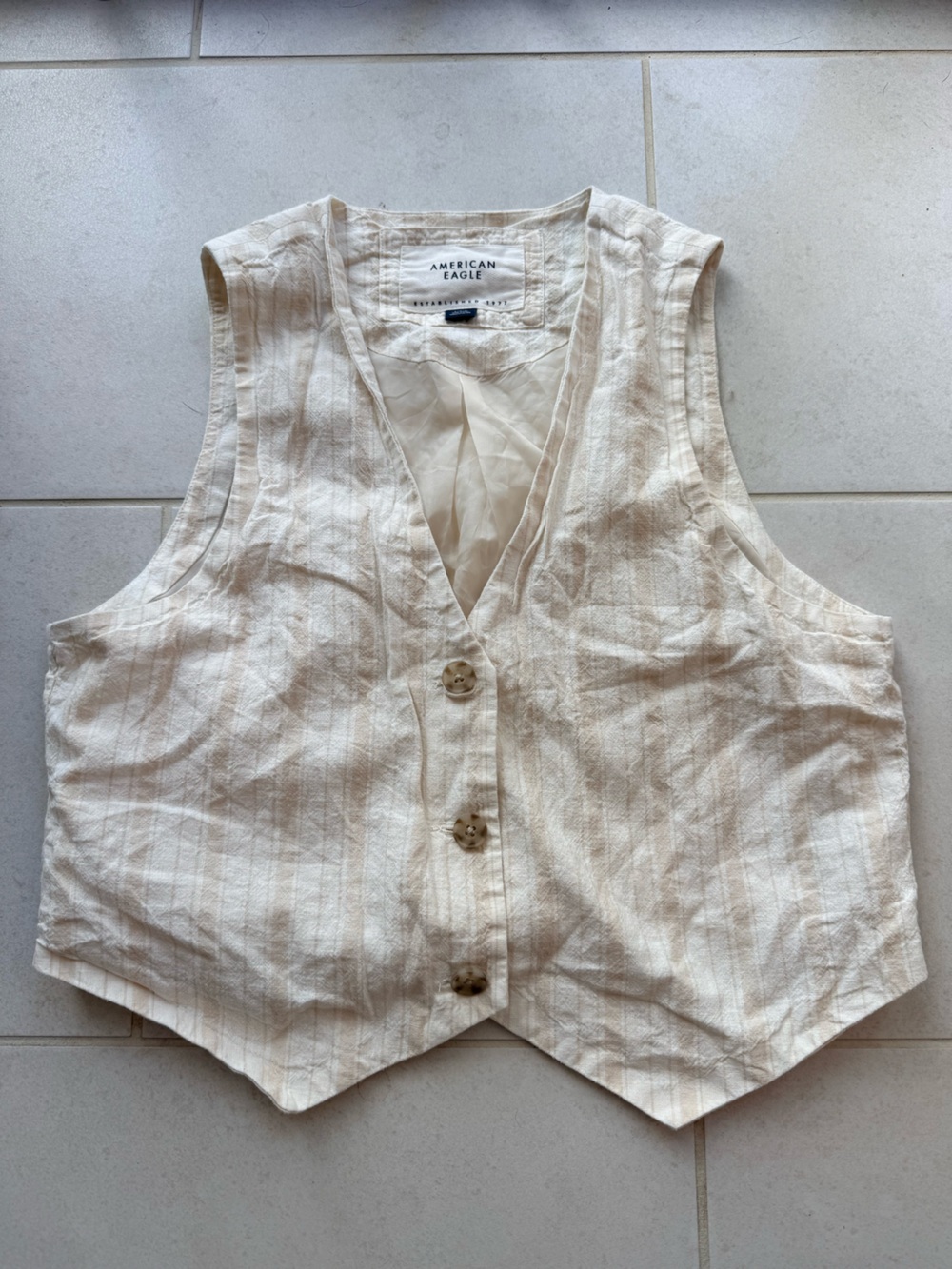 American Eagle Outfitters Cream Button-Front Sleeveless striped Linen Vest